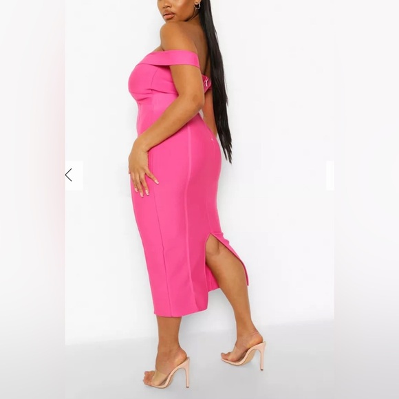 BOOHOO PLUS PINK OFF THE SHOULDER BANDAGE SCULPT MIDI DRESS US SIZE 20 - Picture 2 of 10